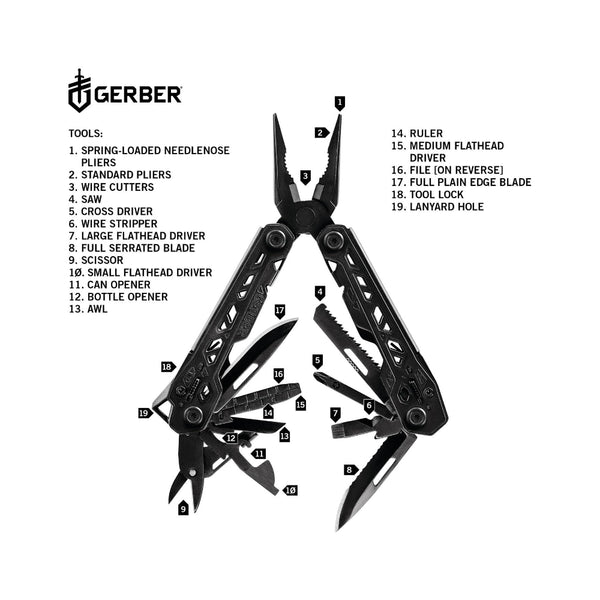 Black | Gerber Truss Multi-Tool Image Showing All Features.