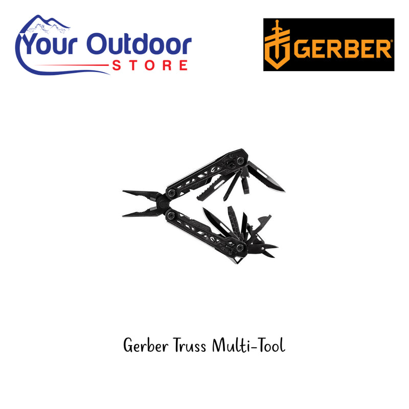 Gerber Truss Multi Tool - Black. Hero Image Showing Logos and Title. 