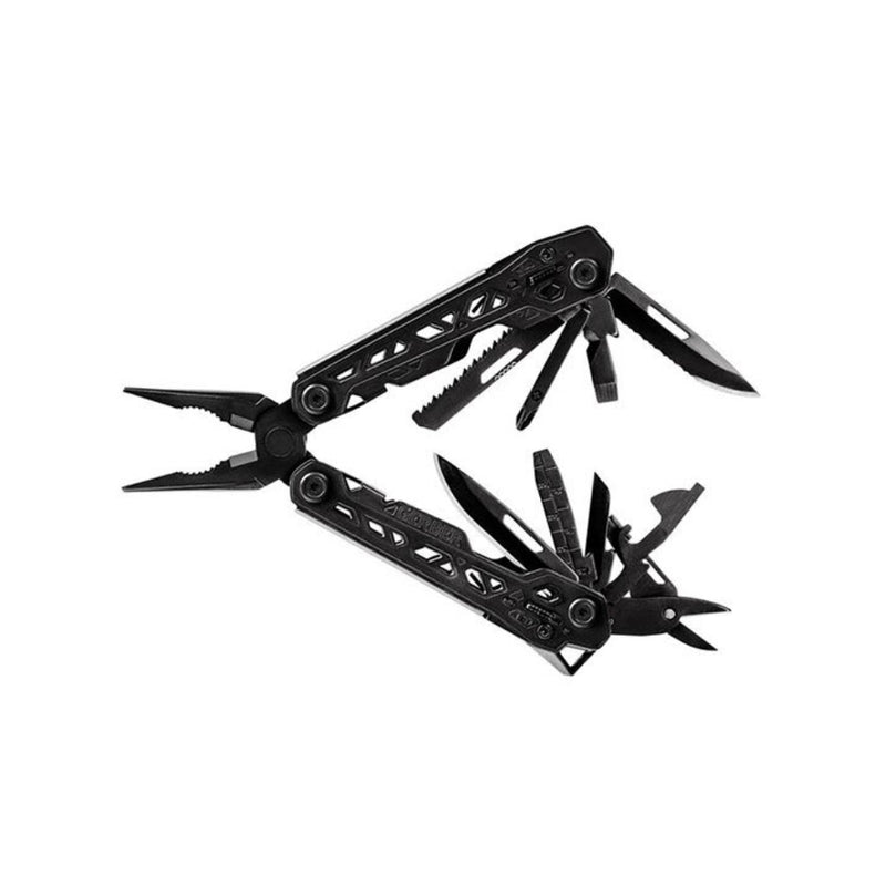 Black | Gerber Truss Multi Tool. Shown Fully Open With Tools.