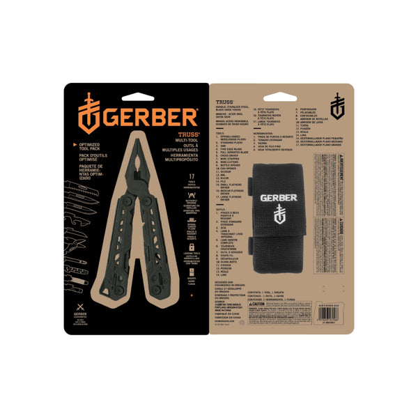 Black | Gerber Truss Multi-Tool Image Showing Product In Its Packaging, Front And Back.