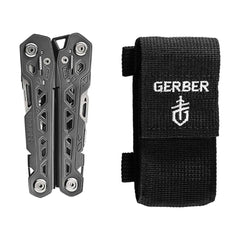 Stainless Steel | Gerber Truss Multi Tool. Shown Folded Up With Pouch.