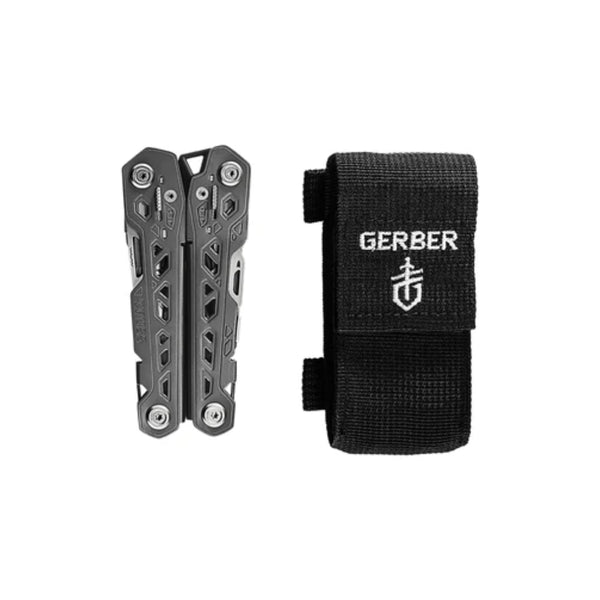 Stainless Steel | Gerber Multi Tool Image Showing Multi Tool Closed, Next To The Supplied Sheath.