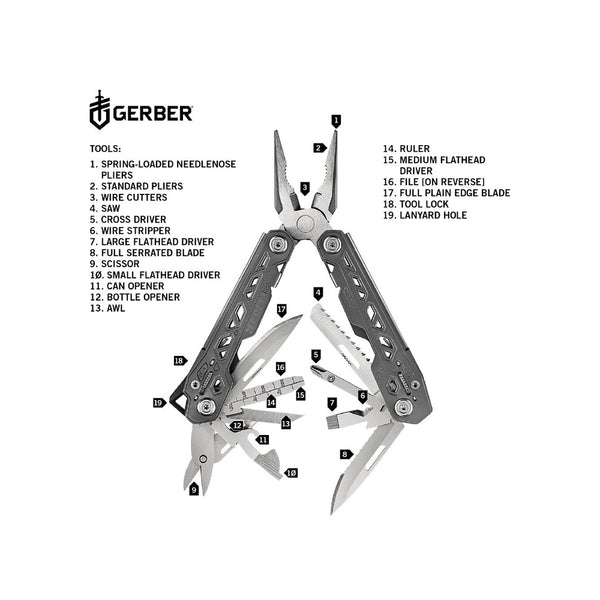Stainless Steel | Gerber Multi Tool Image Showing All Features.