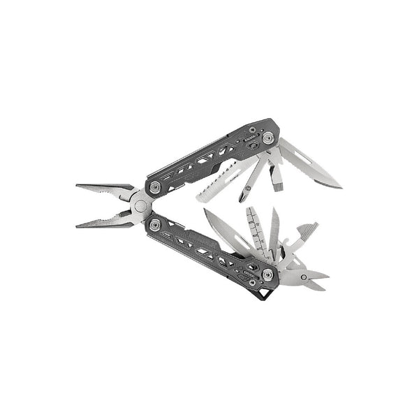 Stainless Steel | Gerber Multi-Tool Image Showing Mult-Tool On Its Side All Tools Out.
