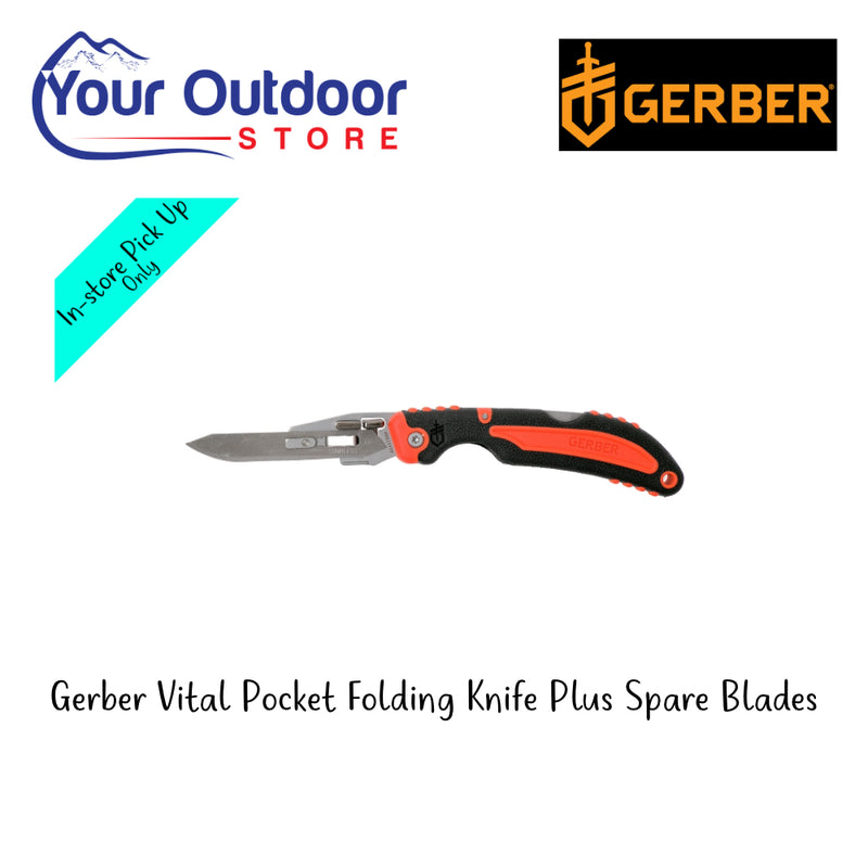 Gerber Vital Pocket Folding Knife Plus Spare Blades. Hero Image Showing Logos and Title. 