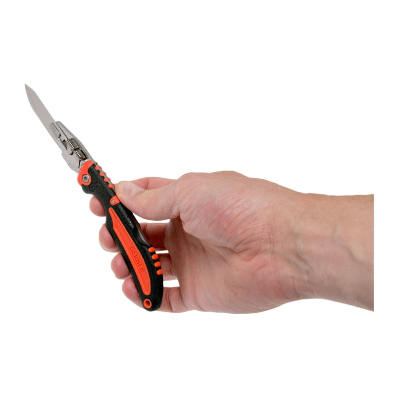 Black / Orange | Gerber Vital Pocket Folding Knife Plus Spare Blades. Showing Size in Hand.