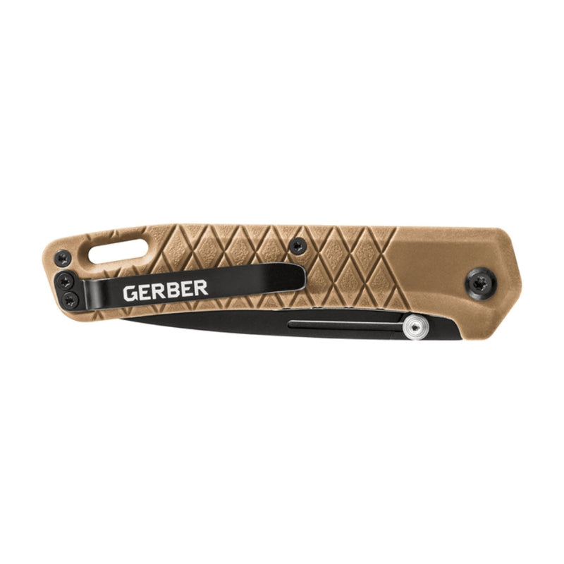 Brown | Gerber Zilch Folding Knife. Side View Closed Up.