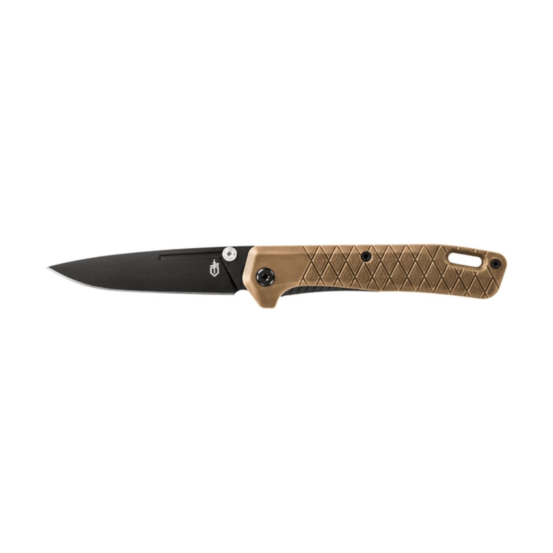 Brown | Gerber Zilch Folding Knife. Side View With Blade Out.