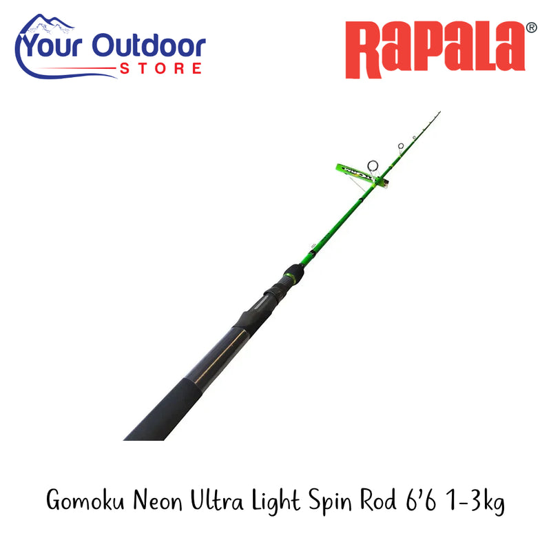 Gomoku Neon Ultra Light Spin Rod 6'6 1-3kgs | Hero Image Showing All Logos And Titles.