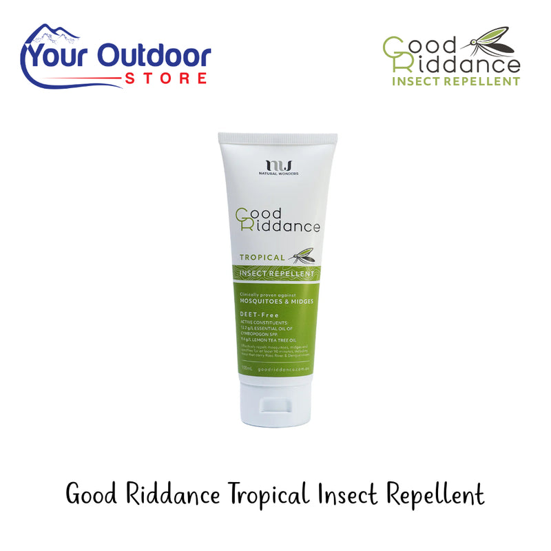 Good Riddance Tropical Insect Repellent | Hero Image Showing All Logos And Titles.