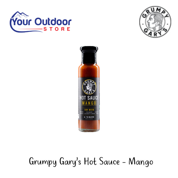 Grumpy Gary's Hot Sauce - Mango | Hero Image Showing All Logos And Titles.
