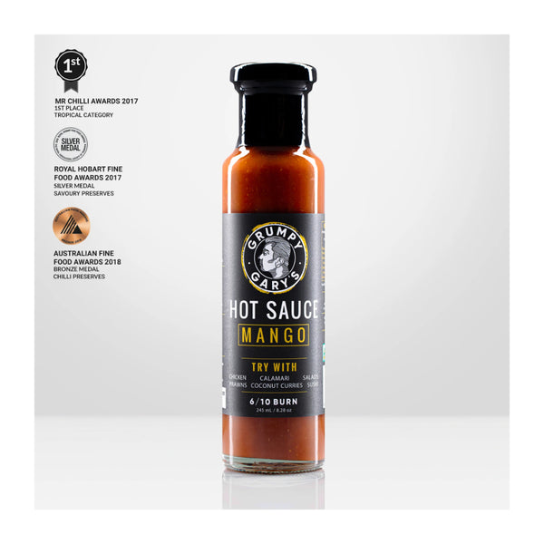 245ml | Grumpy Gary's Hot Sauce -Mango Image Showing Awards The Hot Sauce Has Won.