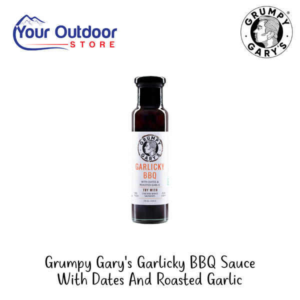 Grump Gary's Garlicky BBQ Sauce With Dates And Roasted Garlic | Hero Image Showing All Logos And Titles.