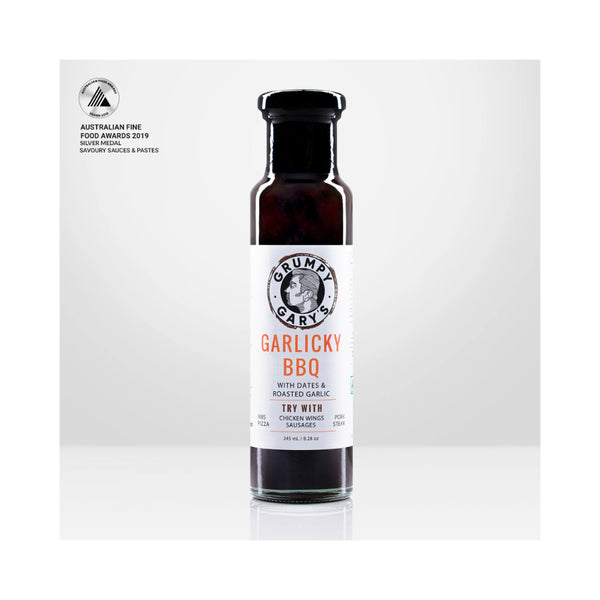 245ml | Grumpy Gary's Garlicky BBQ Sauce With Dates And Roasted Garlic Image Showing The Award The Sauce Has Won.