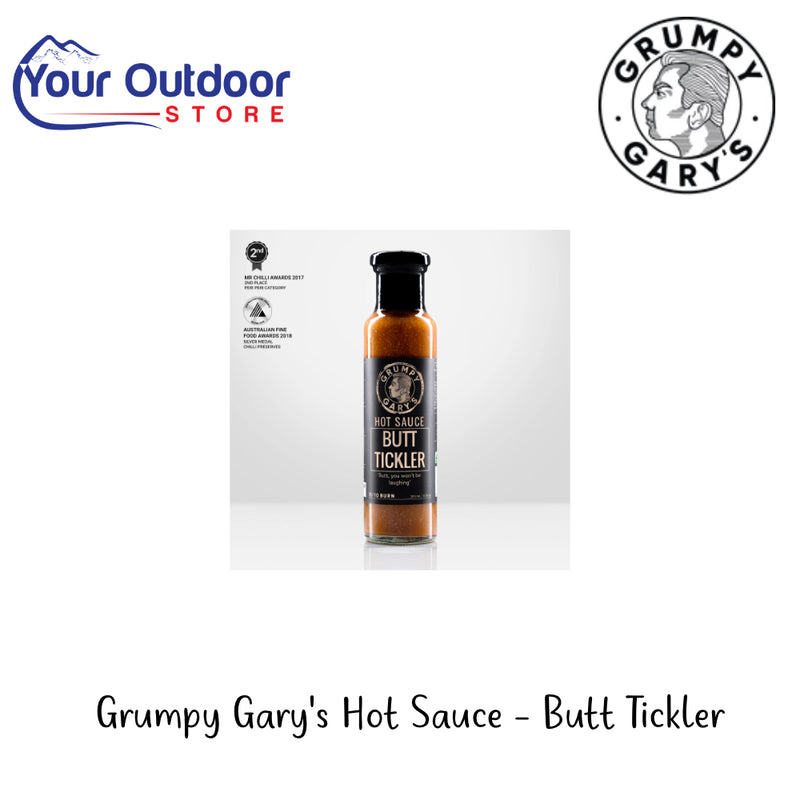 Grumpy Gary's Hot Sauce-Butt Tickler | Hero Image Showing All Logos And Titles.