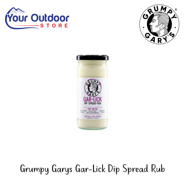 Grumpy Gary's Gar-Lick Dip Spread Rub | Hero Image Showing All Logos And Titles.