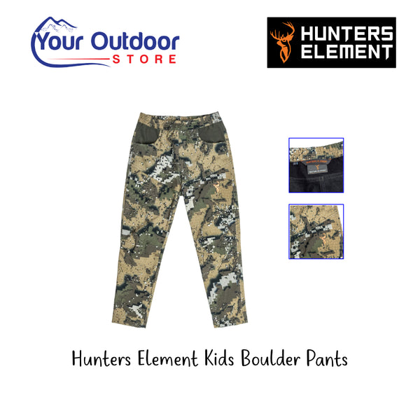Hunters Element Kids Boulder Pant. Hero image with title and logos.
