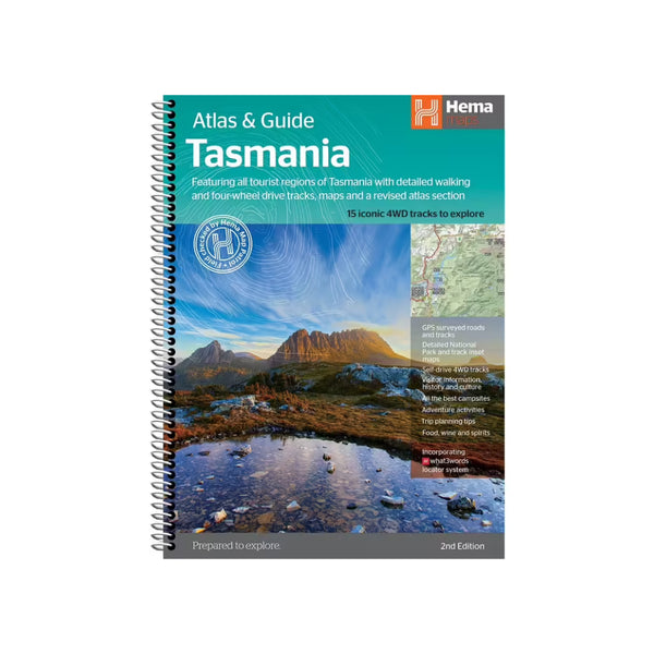 Hema | Atlas and Guide - Tasmania. Hero Image Showing Logos and Title. 