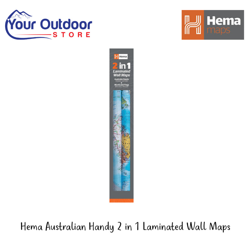 Hema Australian Handy Map 2 in 1 Laminated Wall Maps | Hero Image Showing Logos And Titles.