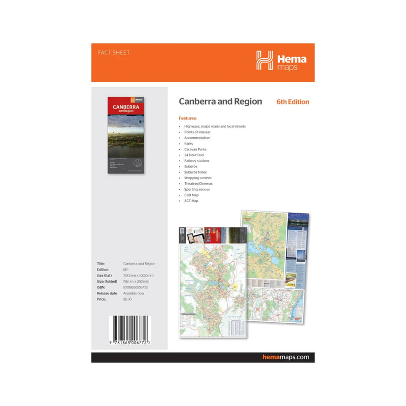 Hema Canberra And Region Map 6th Edition | Image Showing Back Of Map, Information , And Features.