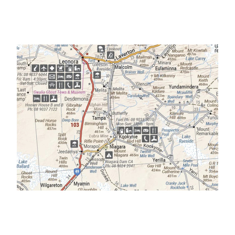 Hema Great Desert Tracks - Western Sheet. Map Close up Showing Roads and Amenities.