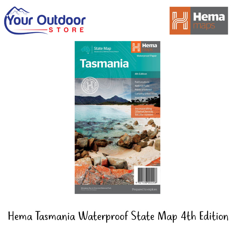 Hema Tasmania Waterproof State Map 4th Edition | Hero Image Showing All Logos And Text.