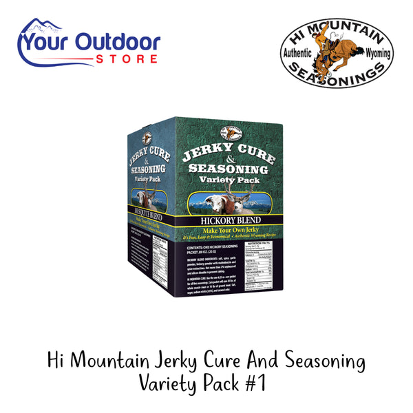 Hi Mountain Jerky Cure And Seasoning Variety Pack #1 | Hero Image Showing All Logos And Titles.