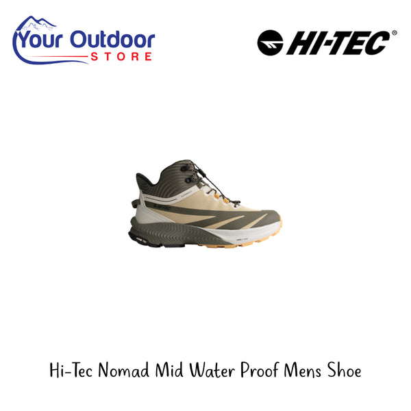 Hi-Tec Nomad Mid Water Proof Men's Shoe | Hero Image Showing All Logos And Titles.