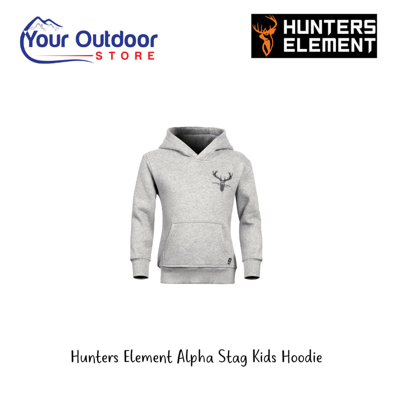 Hunters Element Alpha Stag Kids Hoodie | Hero Image Showing All Logos And Titles.