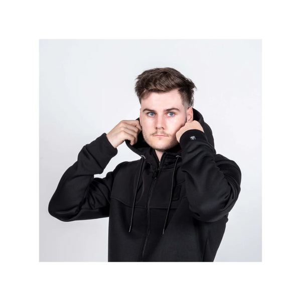 Black | Hunters Element Cirrus Hoodie Image Displaying Model Pulling Up Hood.