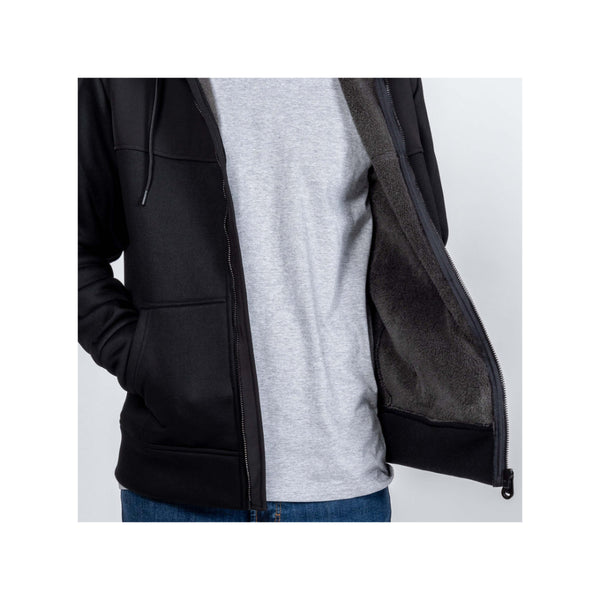 Black | Hunters Element Cirrus Hoodie Image Displaying Close Up View Of Zip Open With Brushed Inner Lining On Display.