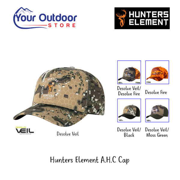 Hunters Element A.H.C Cap | Hero Image Displaying All Logos, Titles And Variants.