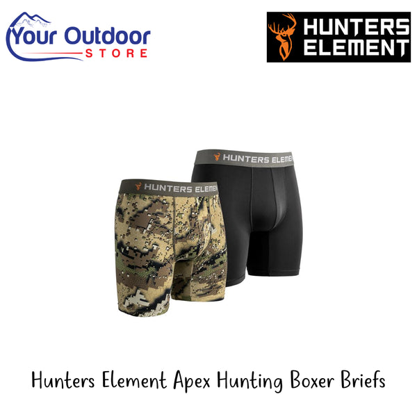 Hunters Element Apex Hunting Boxer Briefs | Hero Image Showing All Logos And Titles.