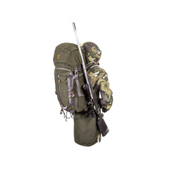 Forest Green | Hunters Element Boundary 35L Pack Image Displaying Pack On Back With Rifle Inserted Into The Quick Click Rifle Scabbard.
