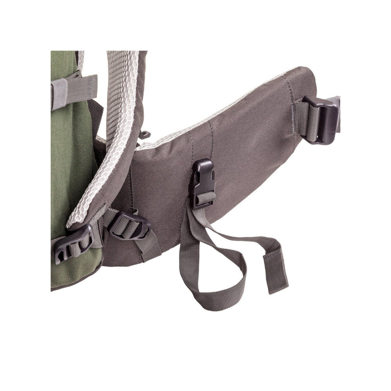 Forest Green | Hunters Element Boundary Pack 35L Image Showing Close Up View Of Waist Pads Ans Adjustable Clips.