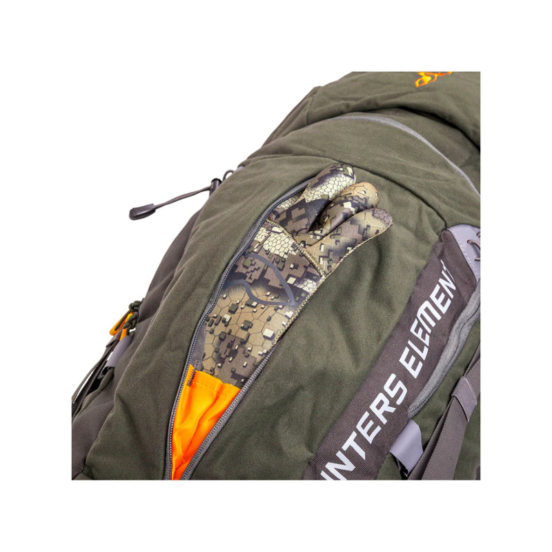 Forest Green | Hunters Element Boundary Pack 35L Image Displaying Close Up View Of Zippered Pocket.