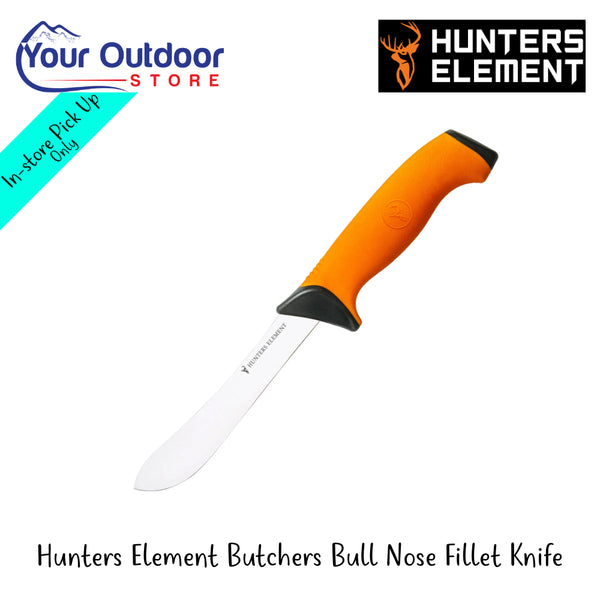 Hunters Element Butchers Bull Nose Fillet Knife | Hero Image Showing Logos And Titles.