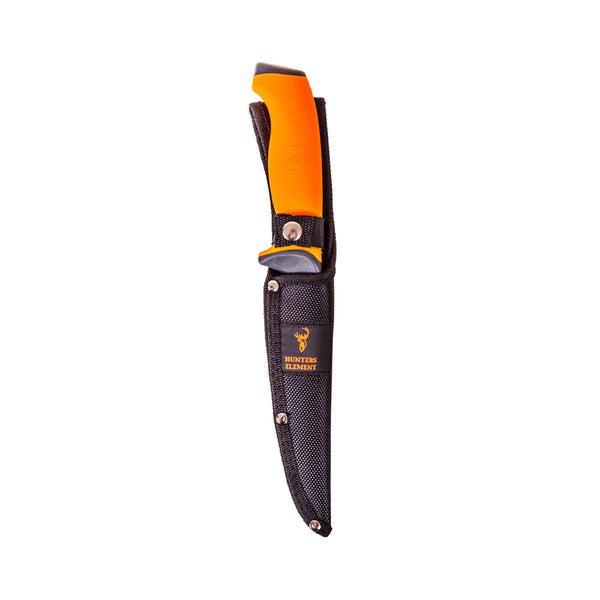 Orange | Hunters Element Butchers Bull Nose Fillet Knife Image Showing Knife In Pouch.
