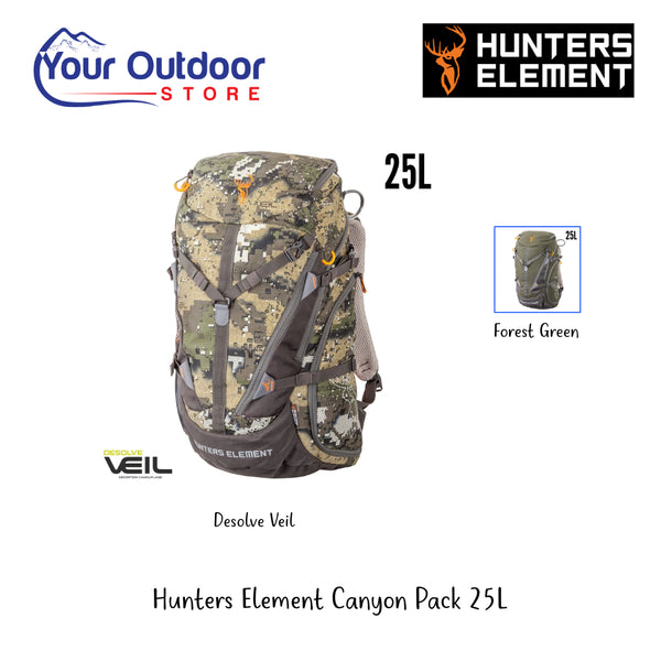 Hunters Element Canyon Pack 25L | Hero Image Displaying All Logos, Titles Ans Variants.