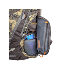 Desolve Veil | Hunters Element Canyon Pack 25L Image Showing Close Up View Of Side Pocket, Zipper Open, Ammo Slots And Phone Pouch On Display.