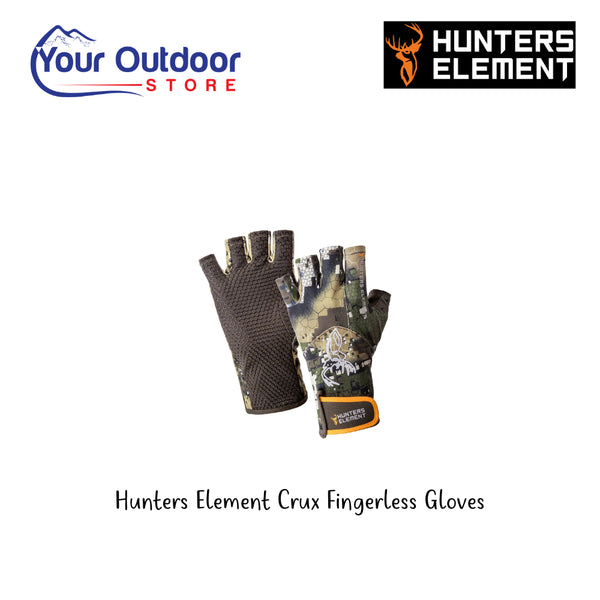 Hunters Element Crux fingerless Gloves. Hero Image Showing Logos and Title. 