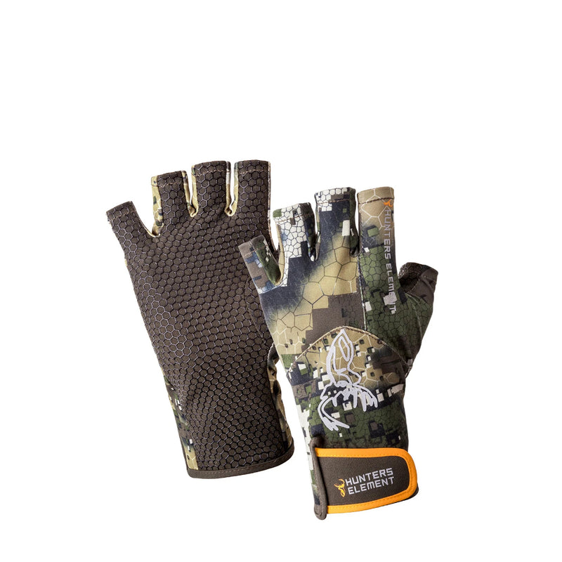 Desolve Camo | Crux Fingerless Gloves Showing Upper Hand and Palm Grip. 