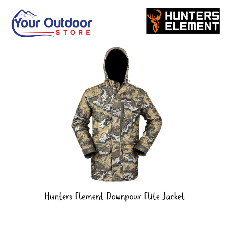Hunters Element Downpour Elite Jacket | Hero  Image  Displaying All Logos And Titles.