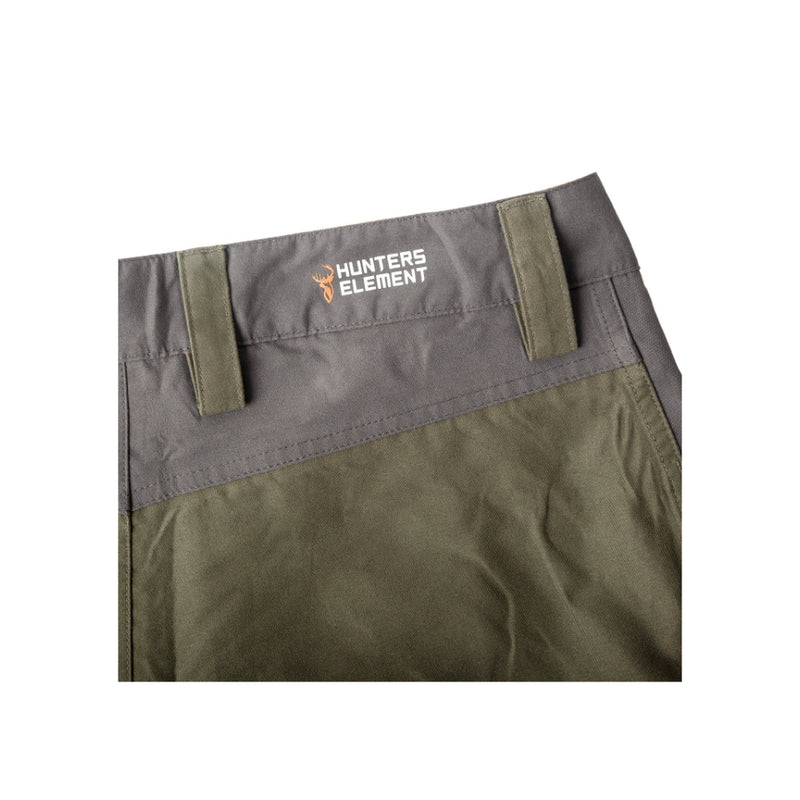 Forest Green | Hunters Element Downpour Elite Trouser Image Showing Close Up View Of Belt Loops And Small Logo.