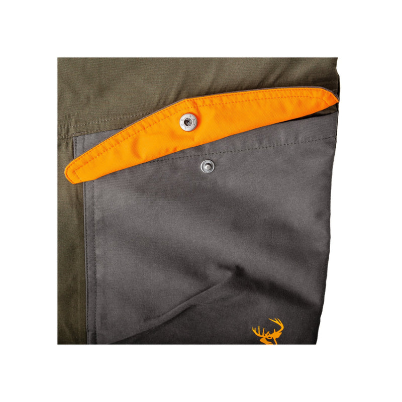 Forest Green | Hunters Element Downpour Elite Trouser Image Showing Close Up View Of Pocket, Flap Open Press Button On Display.
