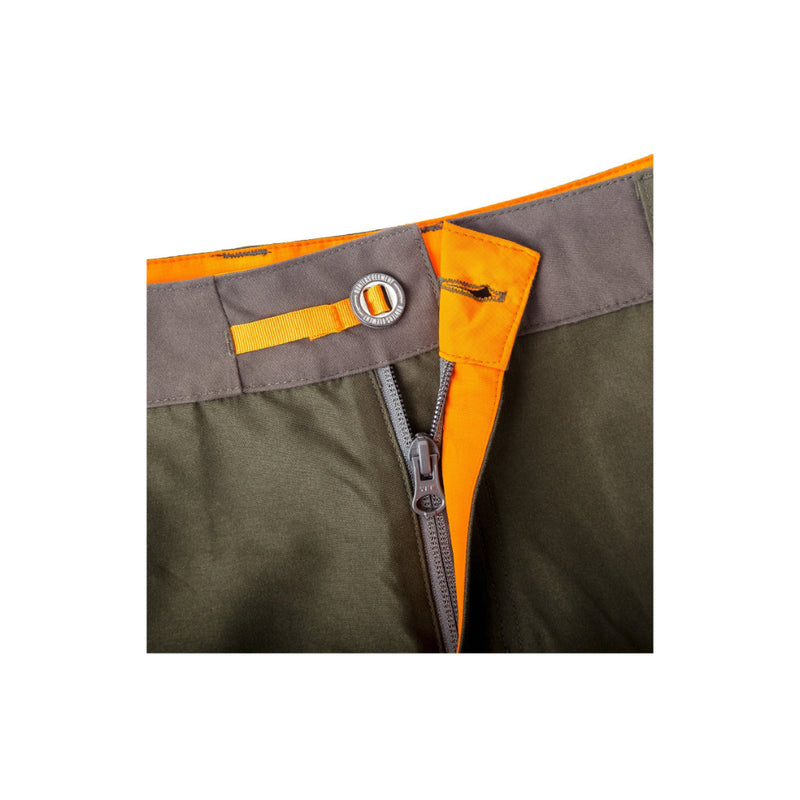 Forest Green | Hunters Element Downpour Elite Trouser Image Showing Close Up View Of Button And Zipper Fly.