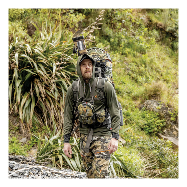 Forest Green | Eclipse Hood - Shown on Model Hunting With Backpack. 