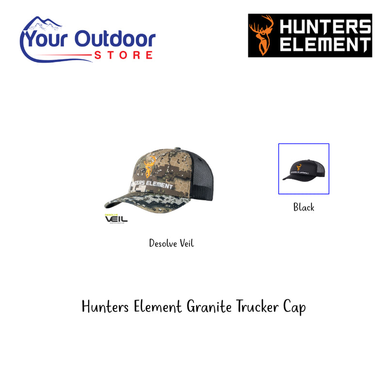 Hunters Element Granite Trucker Cap. Hero Image Showing Variants, Logos and Title. 