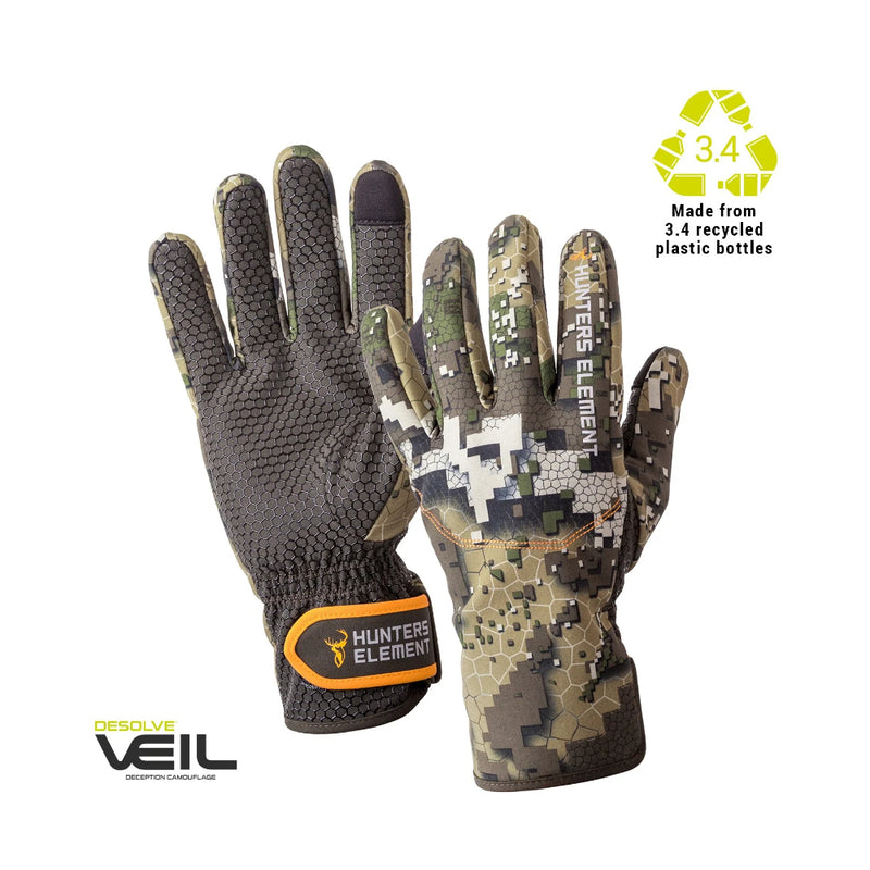 Desolve Veil | Hunters Element Legacy Gloves Image Displaying Front And Back View Of Gloves, Made From 3.4 Recycled Plastic Bottle Logo Also.