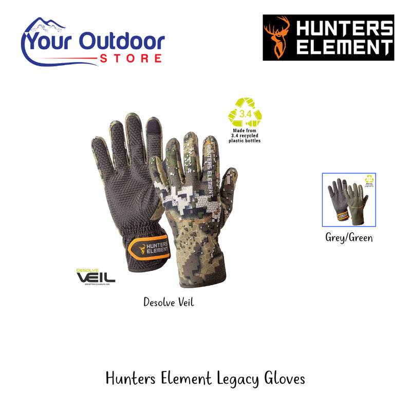 Hunters Element Legacy Gloves Desolve Veil And Grey Green | Hero Image Displaying All Logos, Titles And Variants.